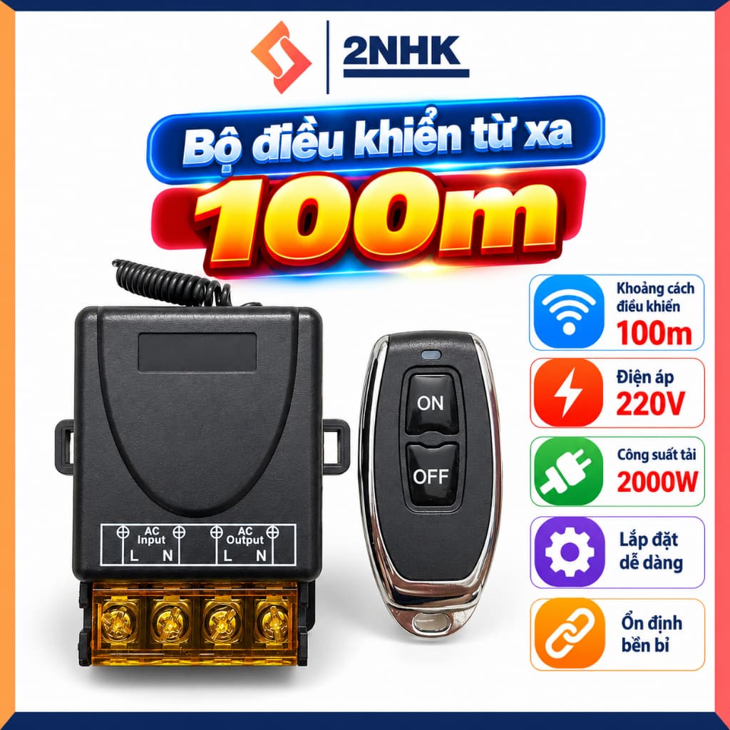 Công tắc điều khiển từ xa 100m/3000W/ 220V 2 tay điều khiển, bật tắt máy bơm nước, máy rửa xe thiết bị công tắc gia đình