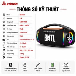 Loa Bluetooth XDODO BOOM II Công Suất 120W RMS, Bluetooth 5.4, Chống Nước IPX6, Bass Mạnh, LED RGB, Ghép Đôi TWS, Loa Di 3