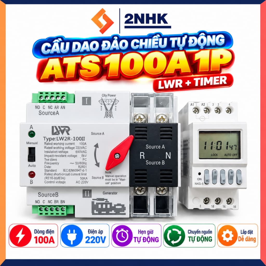 BỘ CẦU DAO ĐẢO CHIỀU TỰ ĐỘNG ATS 100A 1P LWR không gây mất điện khi chuyển nguồn