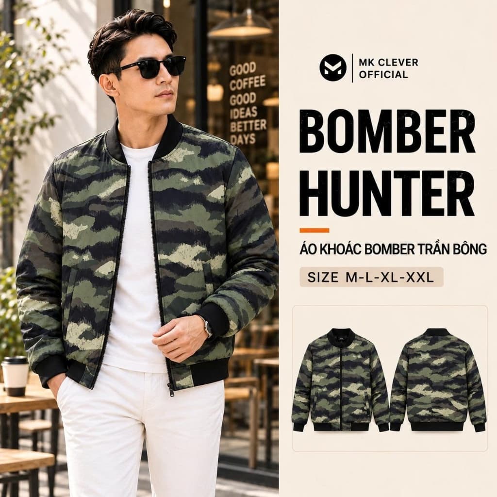 Áo khoác bomber nam Hunter MKCLEVER Chất liệu vải Gió trần bông, chống nước cản gió tốt, dày dặn, phom trẻ trung