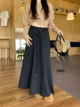 🌷 Chân Váy Maxi Dáng Xòe Màu Ghi Cạp Cao Kèm Thắt Lưng Đen Phong Cách Hàn Quốc 2