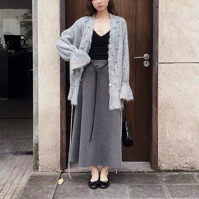 🌷 Chân Váy Maxi Dáng Xòe Màu Ghi Cạp Cao Kèm Thắt Lưng Đen Phong Cách Hàn Quốc