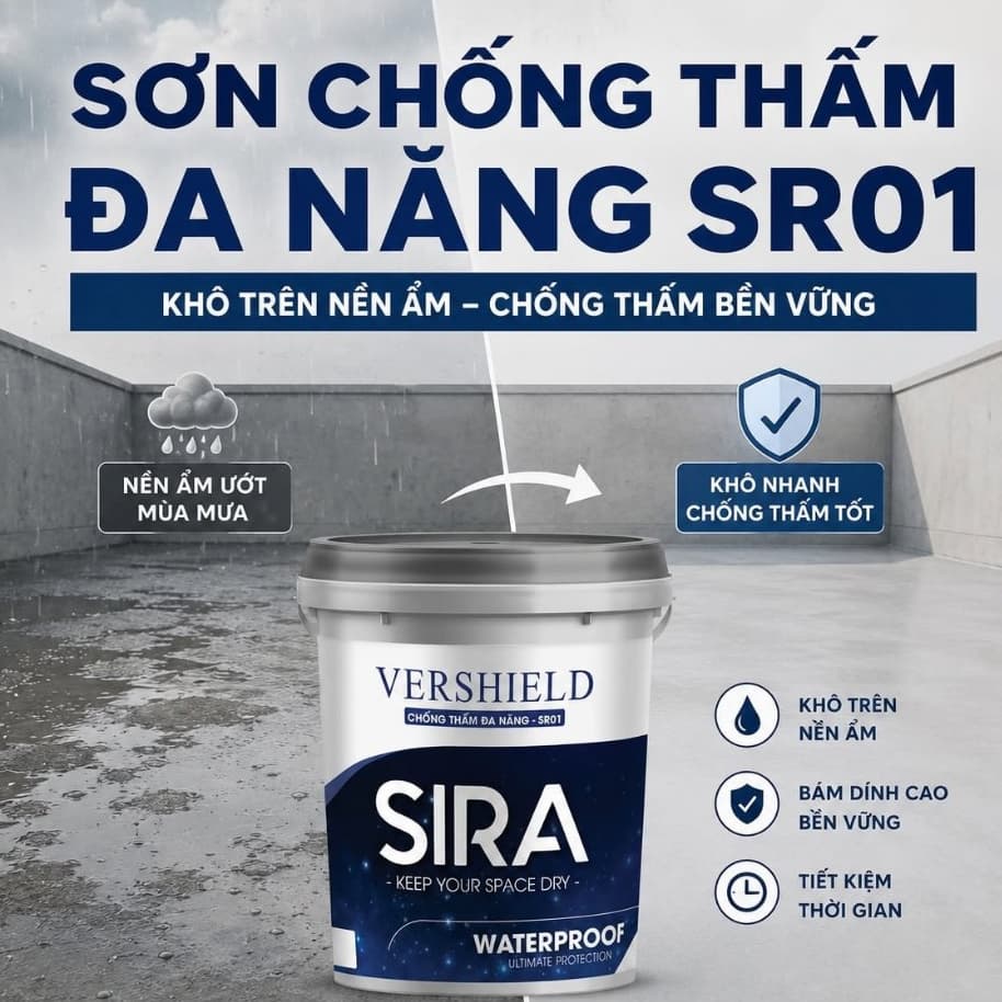 [CHÍNH HÃNG] sơn chống thấm tường ẩm, sàn mái, sân thượng, máng xối, thấm ngược trần nhà - SIRA SR01