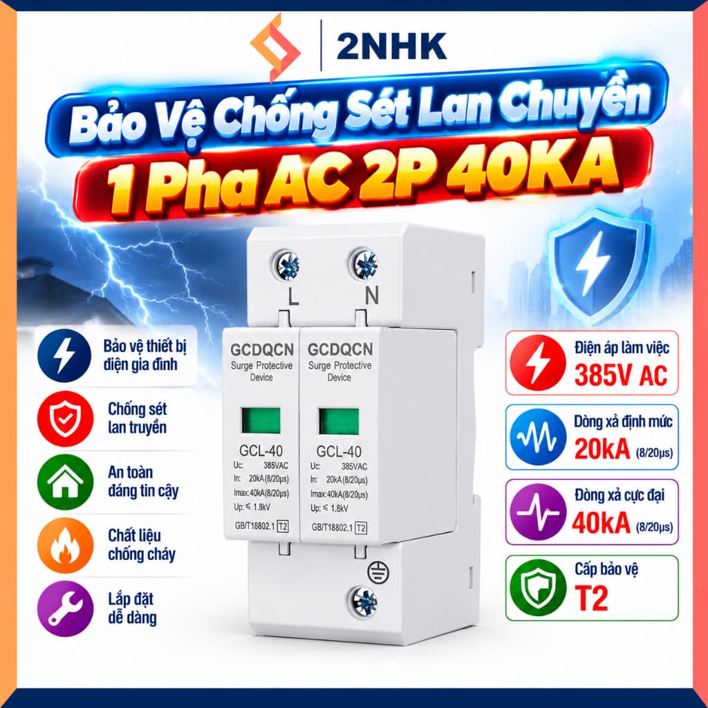 Bảo Vệ Chống Sét lan chuyền 1 pha AC 2P 40KA GECHELE