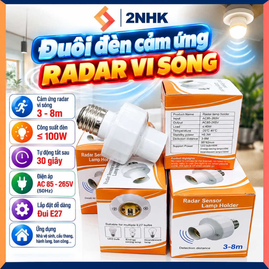 Đuôi đèn cảm ứng radar vi sóng, đui đèn cảm ứng cảm biến chuyển động radar vi sóng tự động bật tắt