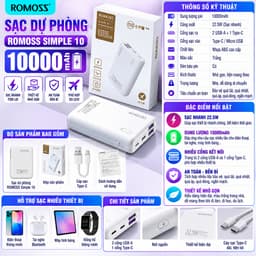 Pin dự phòng sạc nhanh 22.5W Romoss Simple 10.000mah và Wekome WP-101 10.000mAh/ PAC10. LMS 1