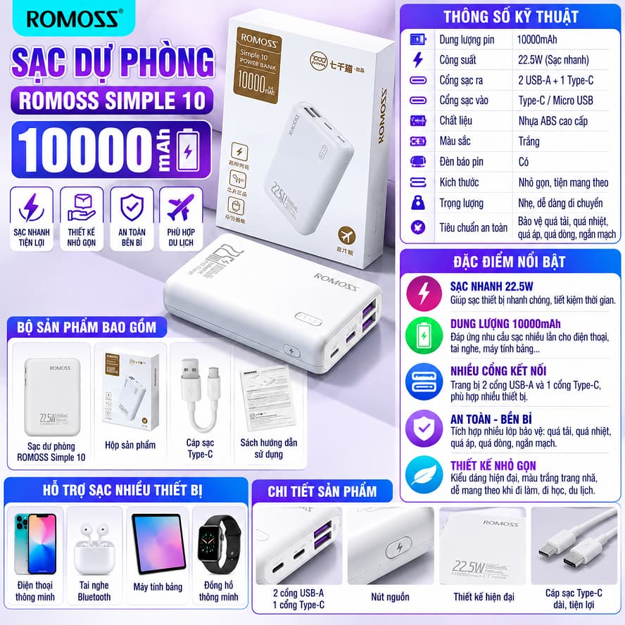 Pin dự phòng sạc nhanh 22.5W Romoss Simple 10.000mah và Wekome WP-101 10.000mAh/ PAC10. LMS