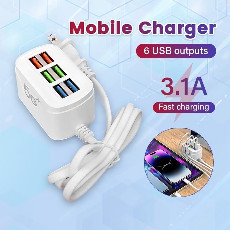 Cốc/Củ Sạc Nhanh 3.1a 5G+ 6 Cổng USB Dây Dài 1M và 66W 5 Trong 1. LMS