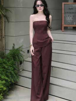 Set Bộ Nữ Đỏ Đô Vải 2 Da Cao Cấp CHANSEE , Áo Quây Peplum Tôn Eo Phối Quần Dài Ống Rộng, Set 2 Món Sang Chảnh Dự Tiệc 2