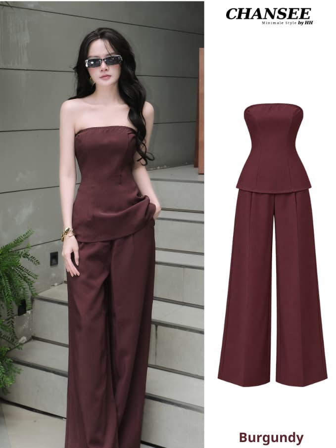 Set Bộ Nữ Đỏ Đô Vải 2 Da Cao Cấp CHANSEE , Áo Quây Peplum Tôn Eo Phối Quần Dài Ống Rộng, Set 2 Món Sang Chảnh Dự Tiệc