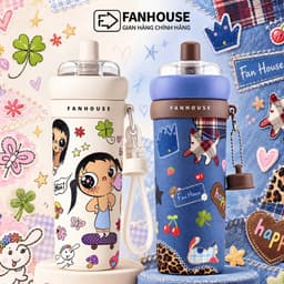 Bình giữ nhiệt Milky Tea inox 316L Phủ Sứ, Ly giữ nhiệt Fan House 700ml, ống hút trà sữa trân châu 1