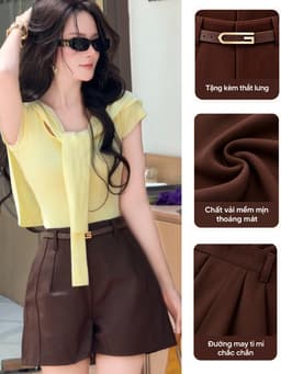 Quần Short Nữ CHANSEE Cạp Cao Ống Rộng Vải Mềm Mịn, Quần Sooc Xếp Ly Tôn Dáng Màu Nâu Tây Tặng Kèm Thắt Lưng 1