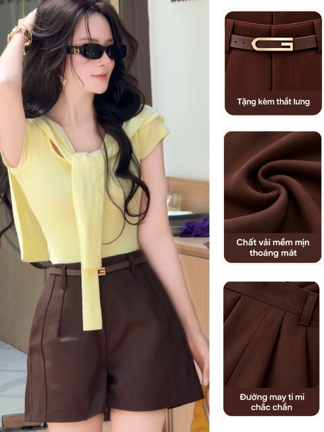 Quần Short Nữ CHANSEE Cạp Cao Ống Rộng Vải Mềm Mịn, Quần Sooc Xếp Ly Tôn Dáng Màu Nâu Tây Tặng Kèm Thắt Lưng