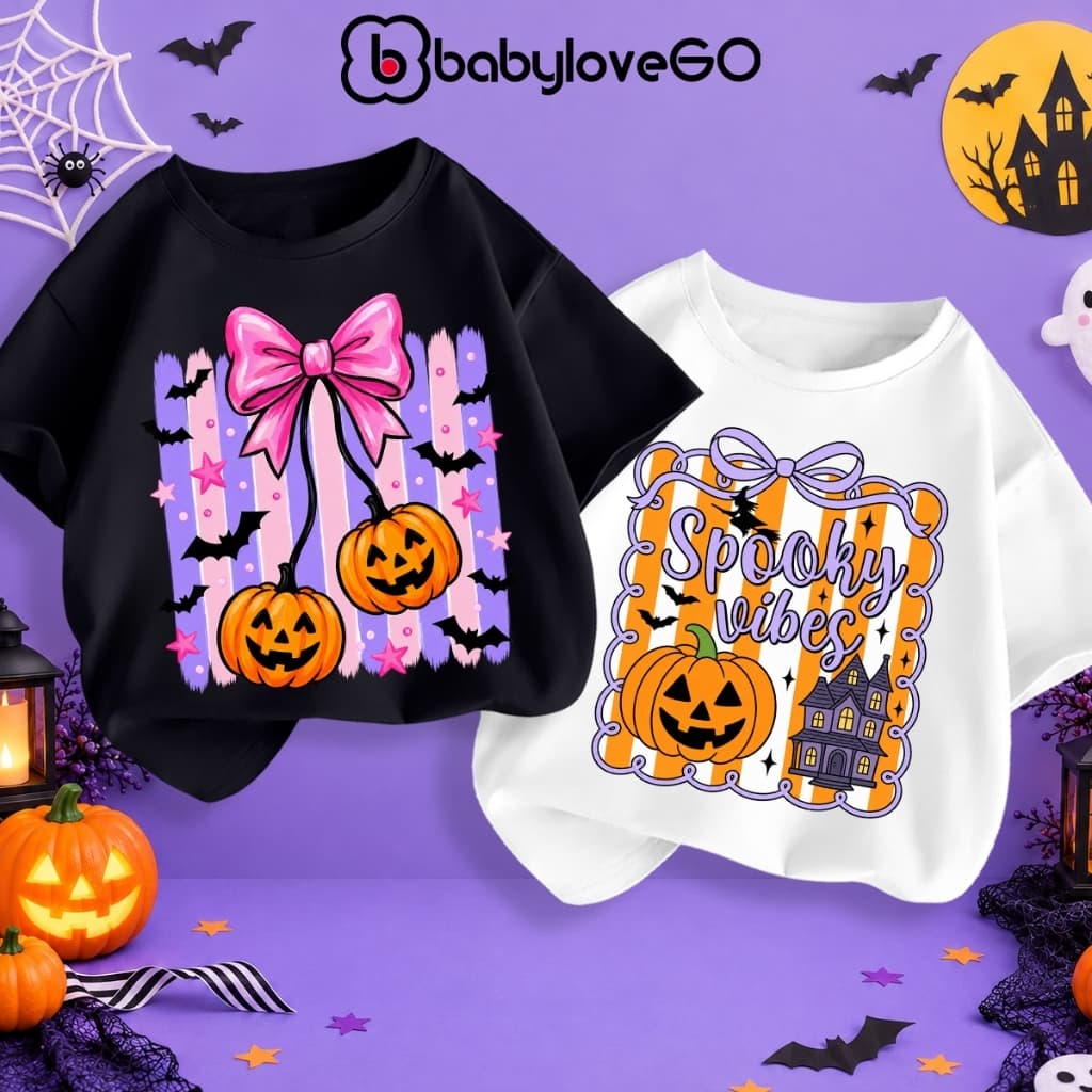 Áo Halloween cho bé gái BabyloveGO áo thun trang phục hóa trang mùa lễ hội chất thun cotton co giãn, thoáng mát