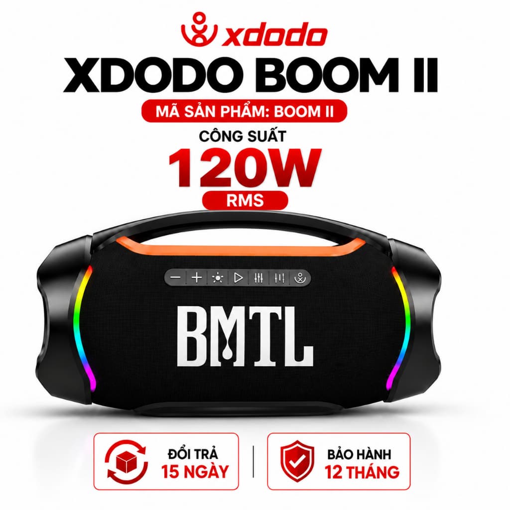 Loa Bluetooth XDODO BOOM II Công Suất 120W RMS, Bluetooth 5.4, Chống Nước IPX6, Bass Mạnh, LED RGB, Ghép Đôi TWS, Loa Di
