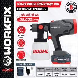Máy phun sơn pin WORKFIX WF-SPS800ML, 2 Kiểu phun, Bình 800ml - 650ml/phút - Chân Pin Phổ Thông 1