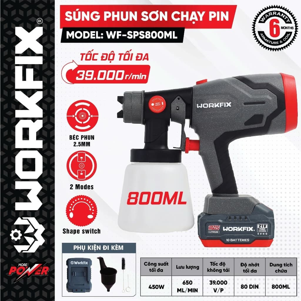 Máy phun sơn pin WORKFIX WF-SPS800ML, 2 Kiểu phun, Bình 800ml - 650ml/phút - Chân Pin Phổ Thông