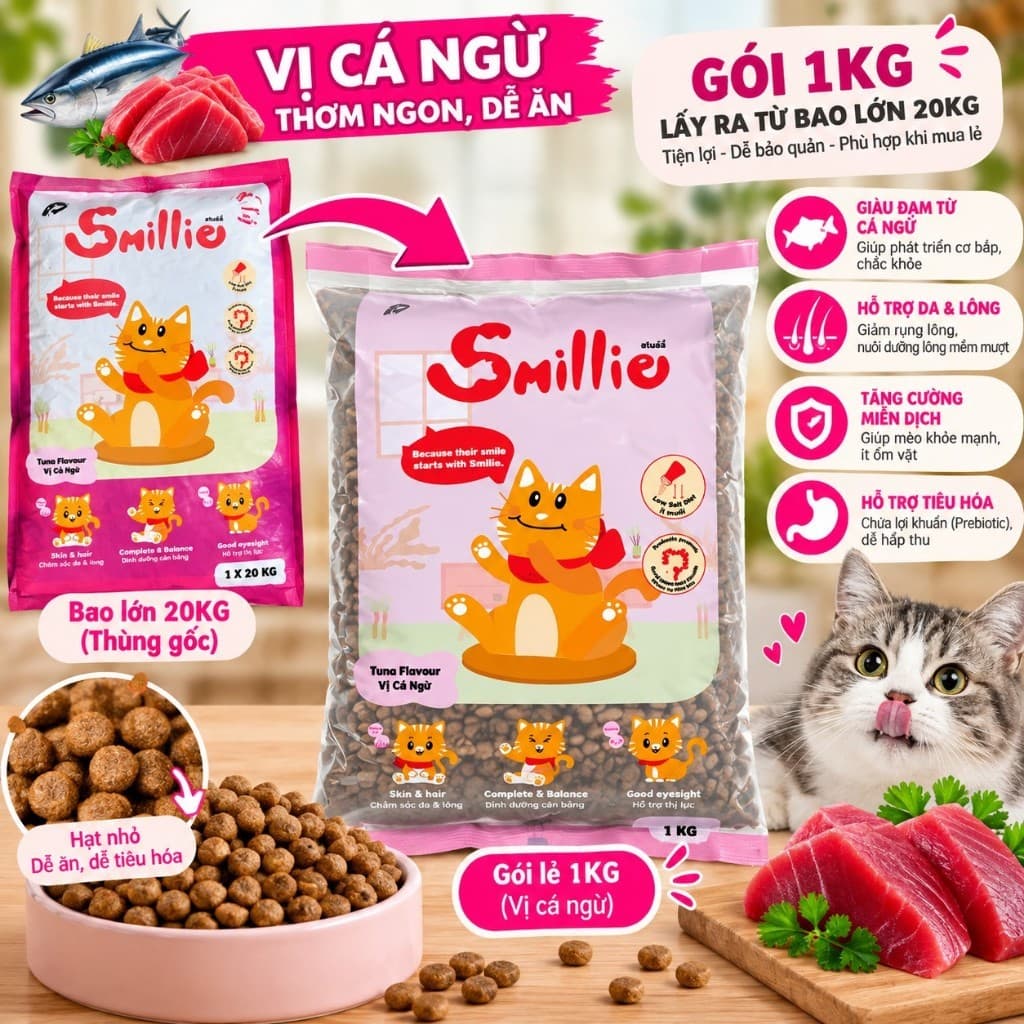 1kg [1 gói-5gói] Thức Ăn Hạt Smillie - Smile Cho Mèo Trưởng Thành Vị Cá Hồi, vị Cá Ngừ
