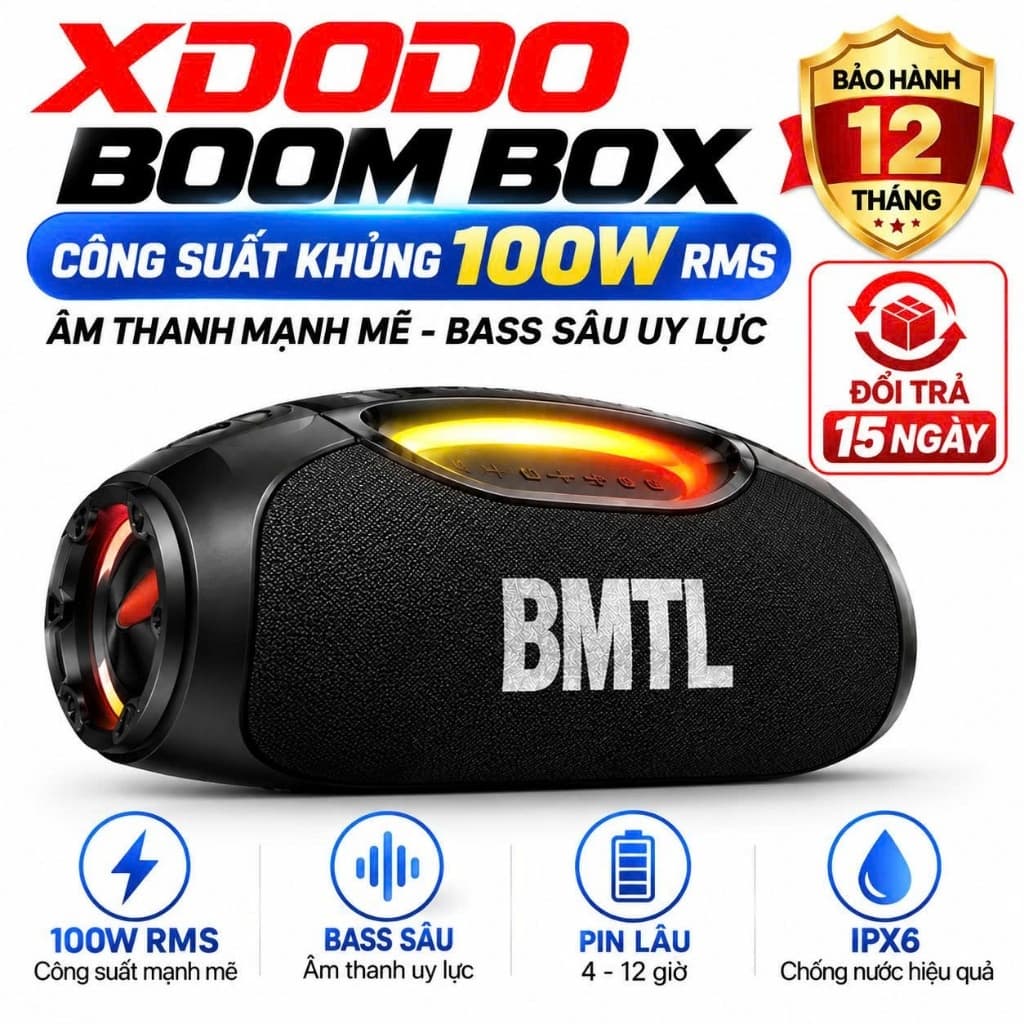 Loa Bluetooth XDODO Boom Box 100W Bass Siêu Trầm, Pin 5400mAh, Chống Nước IPX6, Ghép Đôi TWS, Bảo Hành 12 Tháng