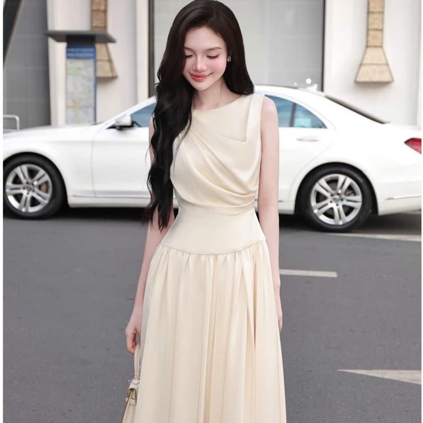 Đầm Dự Tiệc Dáng Dài HB.CLOSET Váy Trắng Kem Sát Nách Cổ Nhún Đổ Chân Xòe Bồng Sang Trọng D39