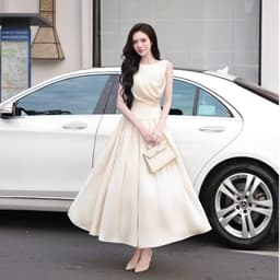 Đầm Dự Tiệc Dáng Dài HB.CLOSET Váy Trắng Kem Sát Nách Cổ Nhún Đổ Chân Xòe Bồng Sang Trọng D39 2