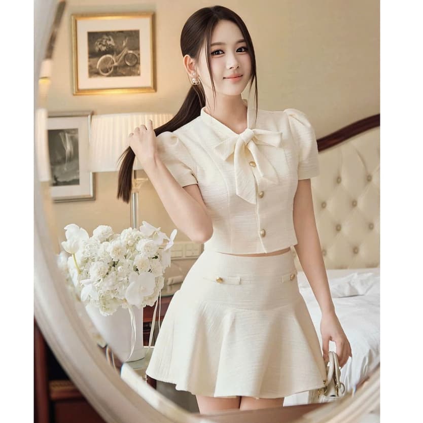 Set Dạ Tweed Nữ HB.CLOSET Áo Cộc Tay Cổ Thắt Nơ Phối Chân Váy Xòe Dáng Ngắn Sang Chảnh Dự Tiệc Đi Chơi S238