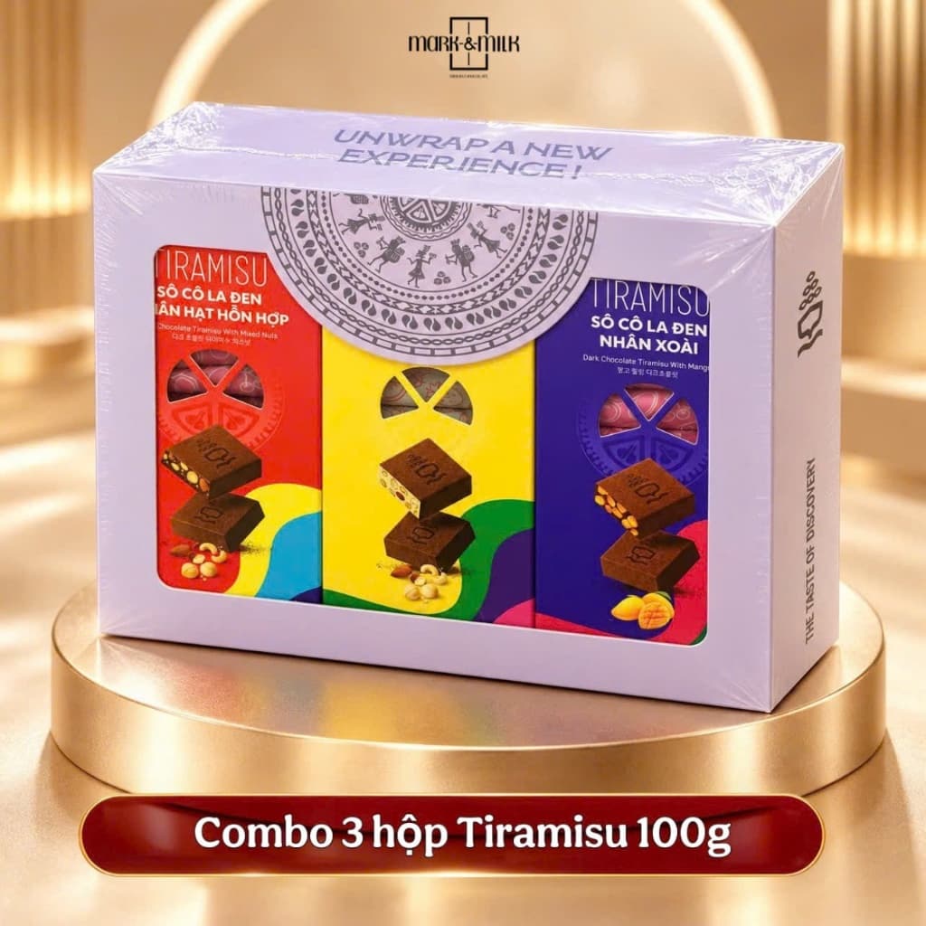 Set Quà Tặng Socola - Combo Tiramisu Nhân Hạt, Nhân Xoài 3 Hộp x 100g | Socola Cao Cấp Mekong Zone