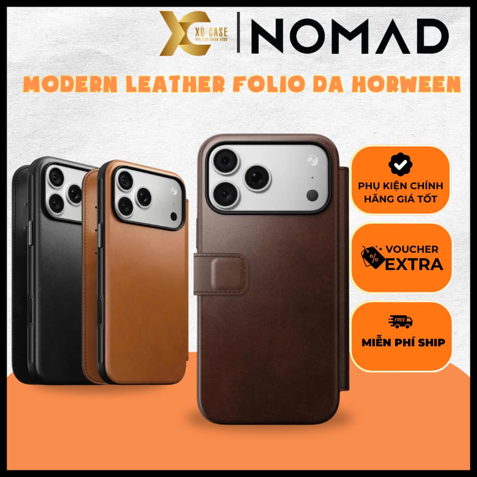 [Có iP18] Ốp NOMAD Modern Leather Folio Da Horween Cao Cấp, Đựng Thẻ Sạc Từ Tính – Chính Hãng cho iP 18 | 17 Pro Max