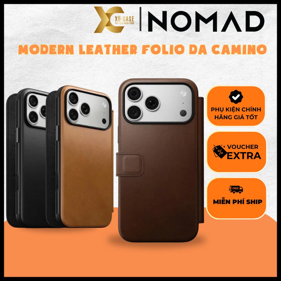 [Có iP18] Ốp NOMAD Modern Leather Folio Da CAMINO Cao Cấp Đựng Thẻ Sạc Từ Tính – Chính Hãng cho iP 18 | 17 Pro Max
