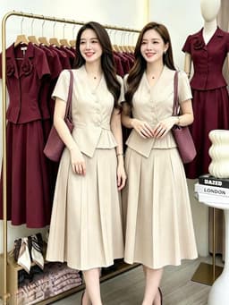 Set váy dài thiết kế công sở chất Gân Xước áo kiểu cổ V phối chân váy xếp ly dáng xòe 2