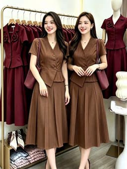 Set váy dài thiết kế công sở chất Gân Xước áo kiểu cổ V phối chân váy xếp ly dáng xòe 4