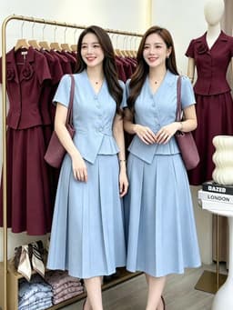 Set váy dài thiết kế công sở chất Gân Xước áo kiểu cổ V phối chân váy xếp ly dáng xòe 3