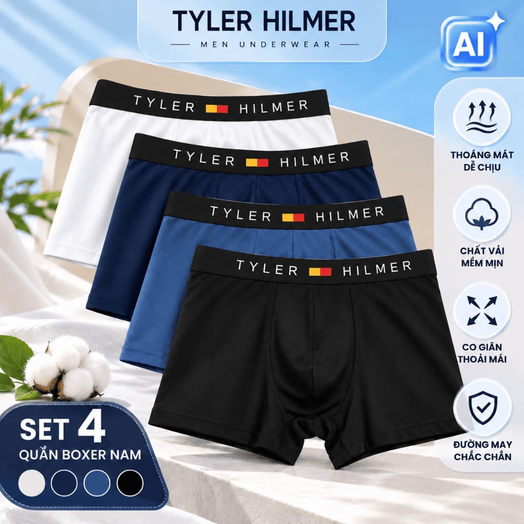 Hộp 4 quần lót nam boxer Tyler Hilmer thun lạnh co giãn 4 chiều, set 4 sịp đùi nam thoáng mát