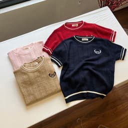 Áo Len Dệt Kim Nữ Ngắn Tay Phong Cách Hàn Quốc Cổ Tròn Phối Viền Thanh Lịch 9