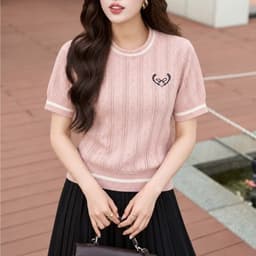 Áo Len Dệt Kim Nữ Ngắn Tay Phong Cách Hàn Quốc Cổ Tròn Phối Viền Thanh Lịch 1