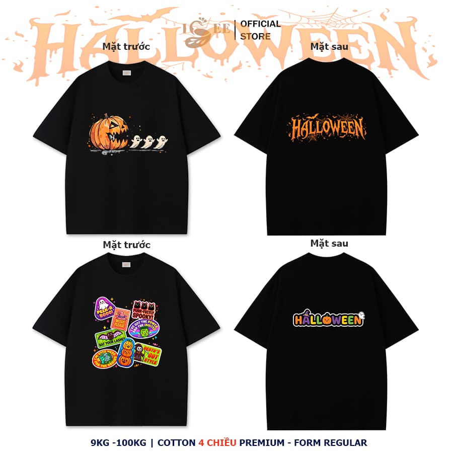 (9KG-100KG) Áo thun tay ngắn Halloween màu đen form thường, Đồ Halloween cotton 4 chiều premium ISEE VN