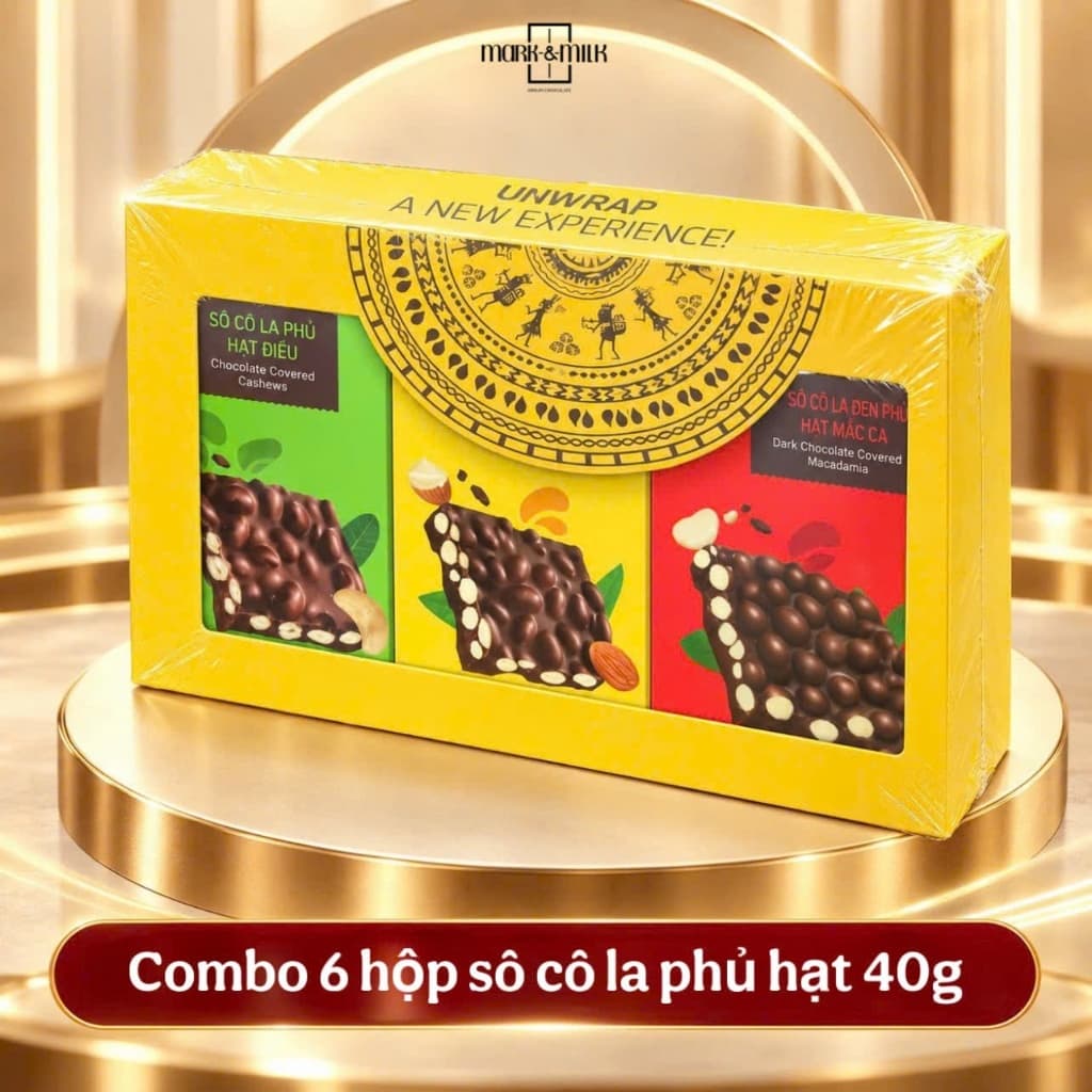 Set Quà Tặng Socola - Combo Hộp Quà Socola Phủ Hạt Cao Cấp 6 Thanh x 40g | Socola Cao Cấp Mekong Zone
