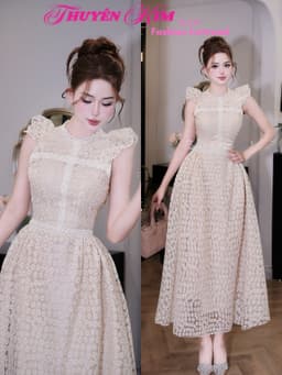 Đầm váy dài thiết kế chất Ren hoa cổ tròn tay cánh tiên sang trọng dáng dài thanh lịch 1