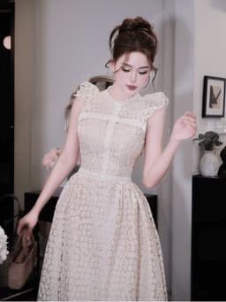 Đầm váy dài thiết kế chất Ren hoa cổ tròn tay cánh tiên sang trọng dáng dài thanh lịch 2