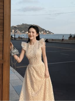 Đầm váy dài thiết kế chất Ren hoa cổ tròn tay cánh tiên sang trọng dáng dài thanh lịch 3