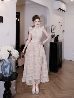 Đầm váy dài thiết kế chất Ren hoa cổ tròn tay cánh tiên sang trọng dáng dài thanh lịch 4