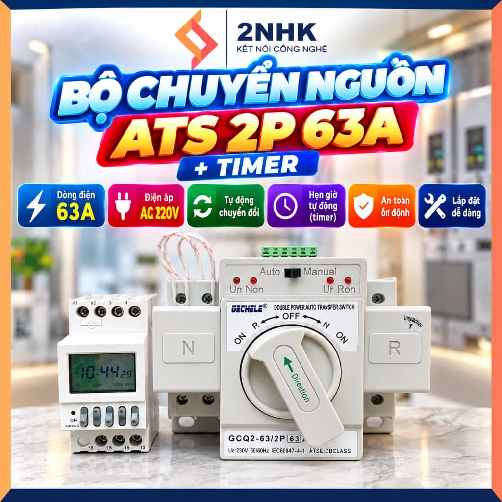 Cầu Dao Đảo Chiều Tự Động Bộ Chuyển Nguồn ATS 2P 63A - bộ chuyển đổi 2 nguồn điện tự động