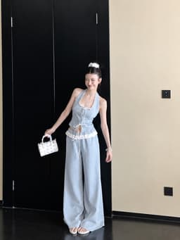 Set bộ mặc nhà, set cổ yếm Thun phối Ren đính dây thắt nơ kết hợp quần suông phối bèo dễ thương 4