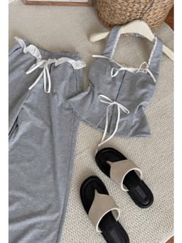 Set bộ mặc nhà, set cổ yếm Thun phối Ren đính dây thắt nơ kết hợp quần suông phối bèo dễ thương 8