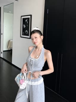 Set bộ mặc nhà, set cổ yếm Thun phối Ren đính dây thắt nơ kết hợp quần suông phối bèo dễ thương 2