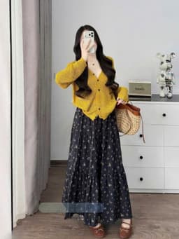 Set váy dài, set áo tay dài chất Tăm Lạnh phối chân váy dáng dài Lụa Hoa thanh lịch_QC 2
