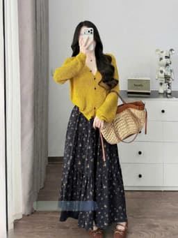 Set váy dài, set áo tay dài chất Tăm Lạnh phối chân váy dáng dài Lụa Hoa thanh lịch_QC 3