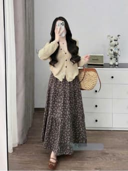 Set váy dài, set áo tay dài chất Tăm Lạnh phối chân váy dáng dài Lụa Hoa thanh lịch_QC 4