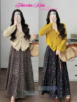 Set váy dài, set áo tay dài chất Tăm Lạnh phối chân váy dáng dài Lụa Hoa thanh lịch_QC 1