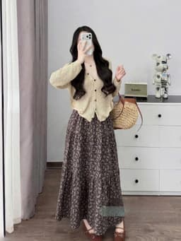 Set váy dài, set áo tay dài chất Tăm Lạnh phối chân váy dáng dài Lụa Hoa thanh lịch_QC 5